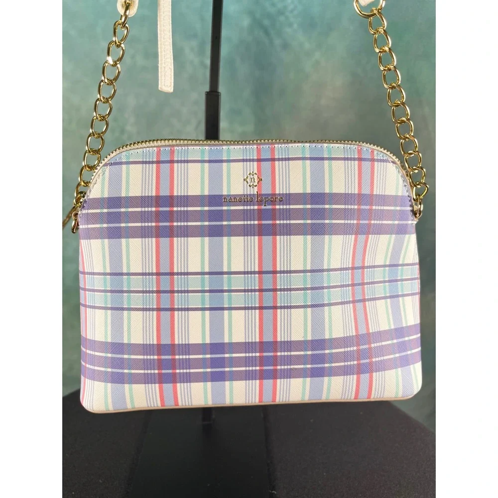 Nanette Lepore Purple Blue Plaid Dome Crossbody‎ Bag Gold Chain Strap Pastel